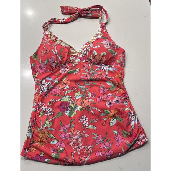 Tommy Bahama Halter Reversible Tankini Coral Summer Floral Gingham Swim Top - Picture 1 of 10